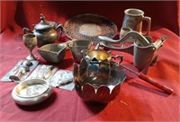 Vintage metal items, teapot, bowls, & candy molds