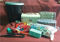 Perm rods, hot curlers, make up box, combs