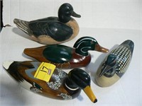 4 WOOD DUCK DECOYS (ONE HAS LABEL "LOON" FRED