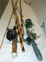 CANE FISHING POLE, 2 VINTAGE RODS AND REELS,