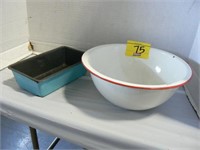 ENAMELWARE BOWL, BLUE ENAMELWARE BAKING PAN