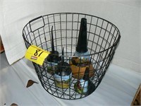 WIRE BASKET, HAND DECORATED OIL CANS AND FUNNELS