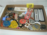 FLAT WITH PINBACK BUTTONS, BELT BUCKLES, POCKET
