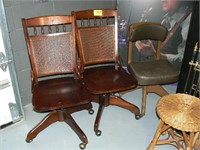 2 CANE-BACK WOOD OFFICE CHAIRS, VINTAGE OFFICE