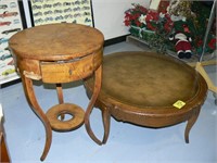 ROUND LEATHER-TOP COFFEE TABLE, ANTIQUE BURL WOOD