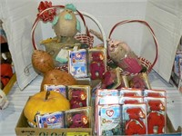 2 FLATS CARDED BEANIE BABIES, PAINTED GOURDS,