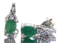 Genuine Oval Emerald & White Zircon Earrings