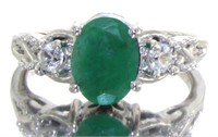Genuine Oval Emerald & White Zircon Ring