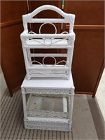 White wicker lot; table, basket & wall shelf.