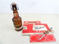 Lot of Vintage Beer Items Bottle, Tags, and 6