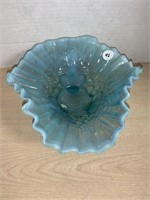 Blue Opalescent Footed Bowl (piasa Bird Pattern)