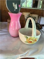 items including wood box, pink vase & ceramic bask