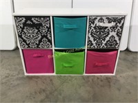 Storage shelf with 6 decorative bins