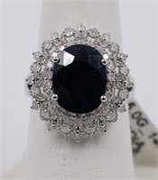 14K White gold diamond & blue sapphire ring
