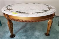MARBLE TOP CARVED INLAY COFFEE TABLE
