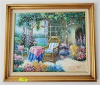 OIL ON CANVAS PATIO SCENE, SIGNED LINFORD