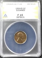 1924-S Lincoln Wheat Cent Penny Coin ANACS F15 sla