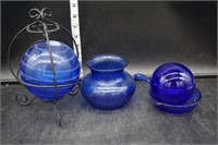Blue Glass Orbs, Vase, & Pan