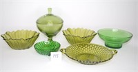 Group of Vintage Green Glass Ware