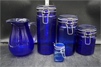 Blue Glass Canisters & Pitcher