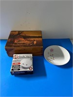 Vintage box with items, plate & mini smoke alarm