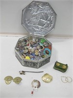 9" Diameter Vtg Tin Of Miscellaneous Jewelry