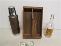 Vintage Wood Box w/ Stanley Thermos & Old