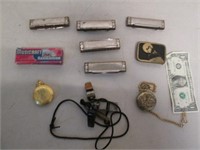 Lot of Vintage Harmonicas, Pocket Watches,