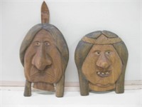 Pair Hand Carved Wood Native Wall Hangings