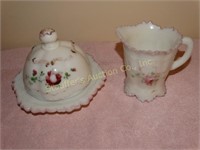 Painted milk glass lidded butter dish & creamer