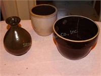 2 Crocks 1 has crack & pottery vase tallest is 6"