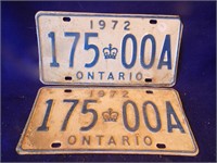 Pair of 1972 Ontario Blue on White License Plates