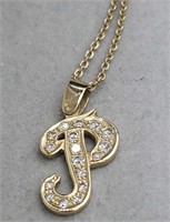 14k Yellow Gold Script Diamond  P Pendant 17" 14k