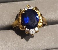 Sterling Silver .925 Ring Blue Gem Goldwash Sz 6