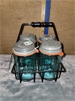 IRON JAR HOLDER W/ 4 BALL JARS W/ ZINC LIDS