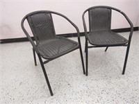 (2) Black Metal & Wicker Woven Outdoor Chairs