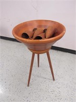 Vintage Wooden Bowl on Stand w/ (4) Wine Goblets