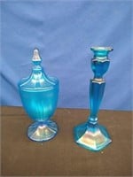 2 Blue Carnival Glass Candle Holder & Dish