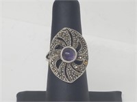 .925 Sterling Silver Amethyst/Marcasite Ring