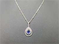 .925 Sterl Silver Sapphire/Diamond Pend & Chain