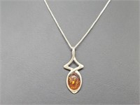 .925 Sterling Silver Amber Pendant & Chain