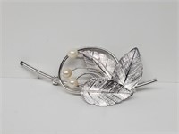 .925 Sterling Silver Leaf Pearl Brooch