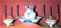 Blue and White Ceramic Pitcher and Basin