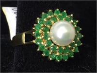 14k gold ring with a pearl and emeralds 4.1g