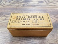 Vintage 50 round box of .30 Cal. Carbine cartridge