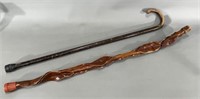 Two Wood Canes - Old - One Carved