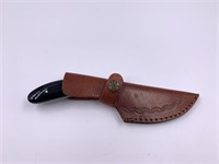 Recurve fighting knife bone scales leather sheath,