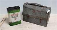 Vintage lunch box and Texaco motor oil