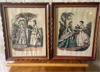 2 framed French Victorian ladies illustrations