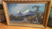 Framed landscape painting on canvas - with damage